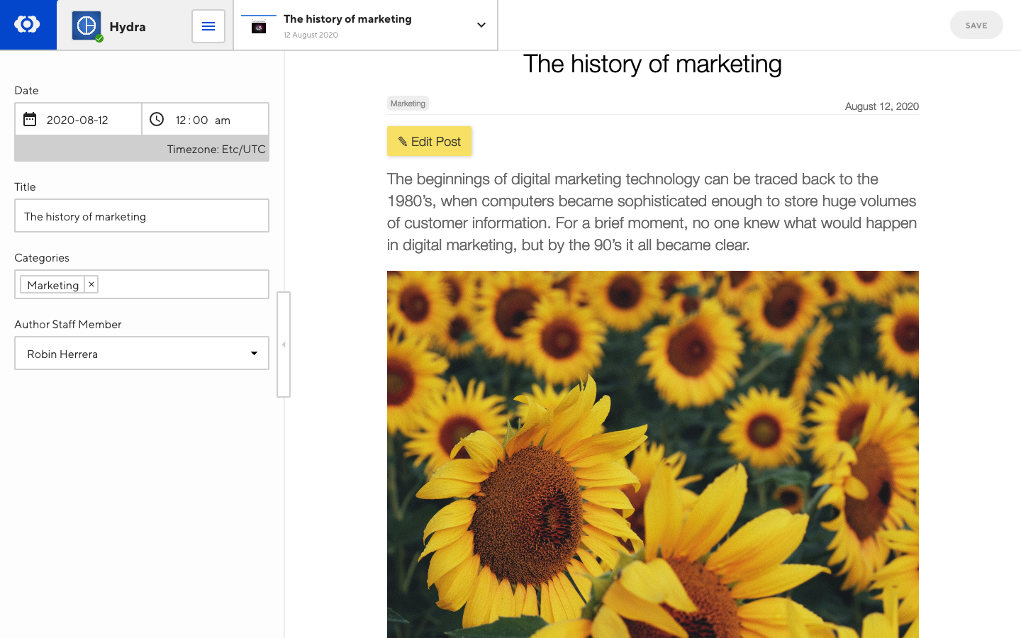 Screenshot of a blog post in CloudCannon with an editor link