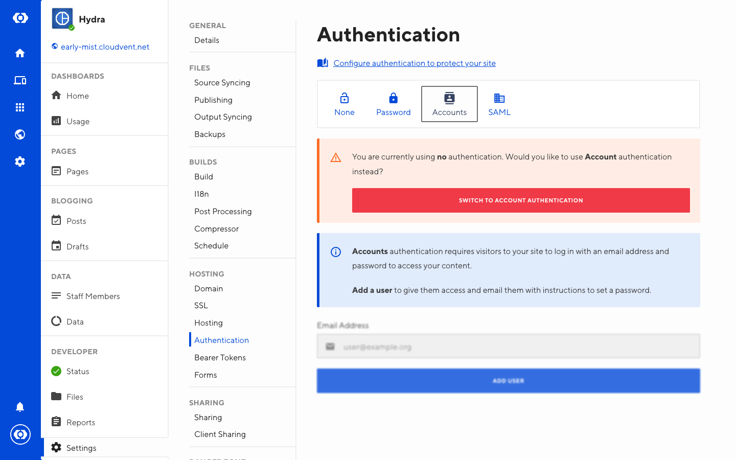Screenshot of account tab with added user in Authentication interface