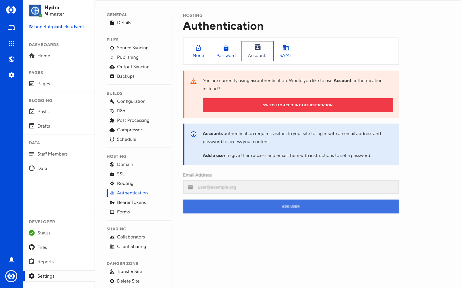 Screenshot of Account tab in Authentication interface