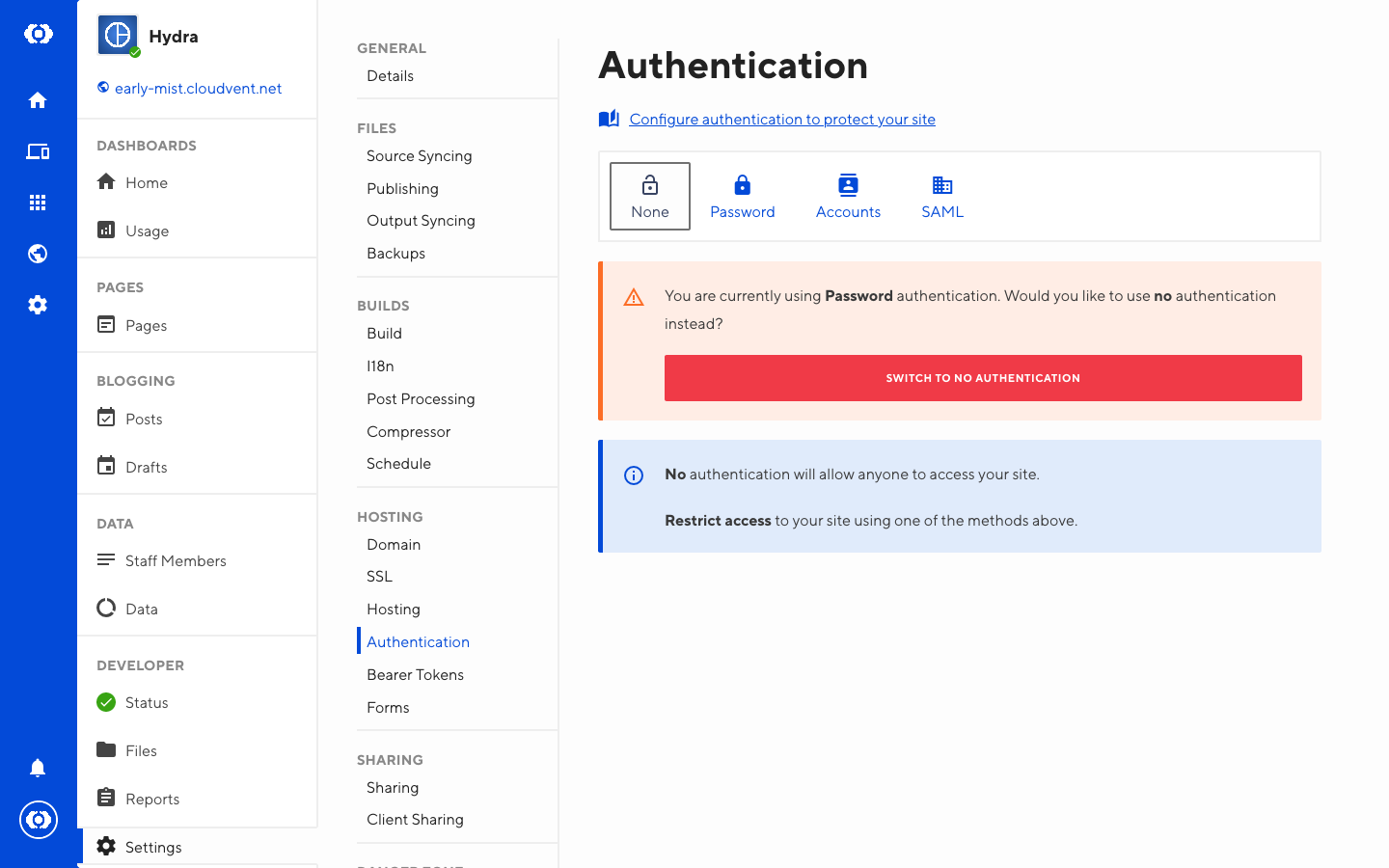 Screenshot of Authentication interface with none selected